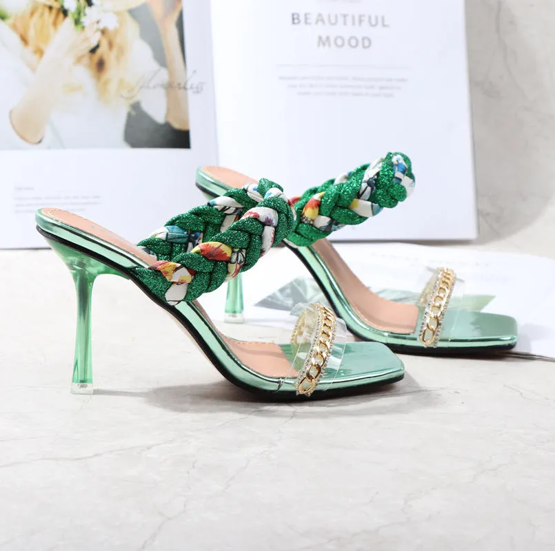 Women Shoes Summer New Fashion Open Toe Modern Roma Ladies Sandals Heels Electroplated Metal Chain Square Toe Stiletto  hy180