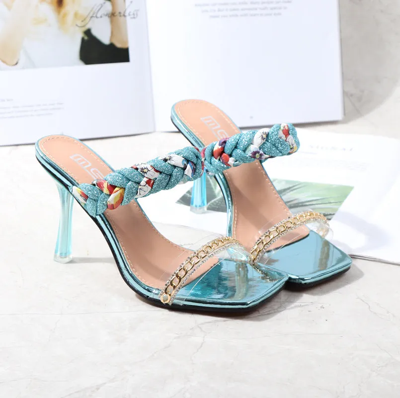 Women Shoes Summer New Fashion Open Toe Modern Roma Ladies Sandals Heels Electroplated Metal Chain Square Toe Stiletto  hy180