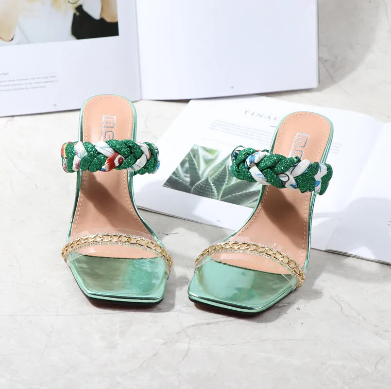 Women Shoes Summer New Fashion Open Toe Modern Roma Ladies Sandals Heels Electroplated Metal Chain Square Toe Stiletto  hy180