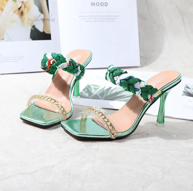 Women Shoes Summer New Fashion Open Toe Modern Roma Ladies Sandals Heels Electroplated Metal Chain Square Toe Stiletto  hy180