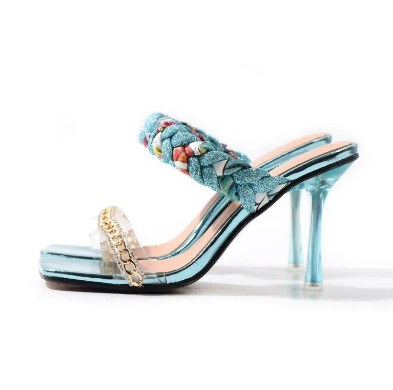 Women Shoes Summer New Fashion Open Toe Modern Roma Ladies Sandals Heels Electroplated Metal Chain Square Toe Stiletto  hy180