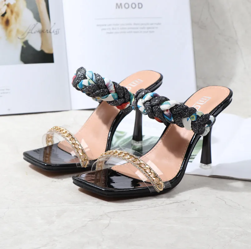 Women Shoes Summer New Fashion Open Toe Modern Roma Ladies Sandals Heels Electroplated Metal Chain Square Toe Stiletto  hy180