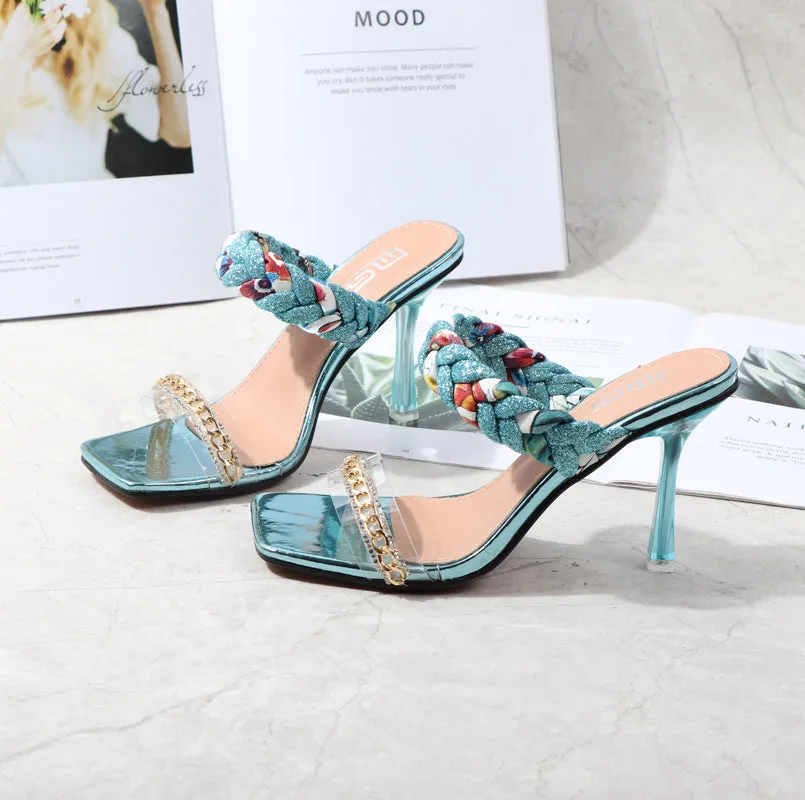 Women Shoes Summer New Fashion Open Toe Modern Roma Ladies Sandals Heels Electroplated Metal Chain Square Toe Stiletto  hy180
