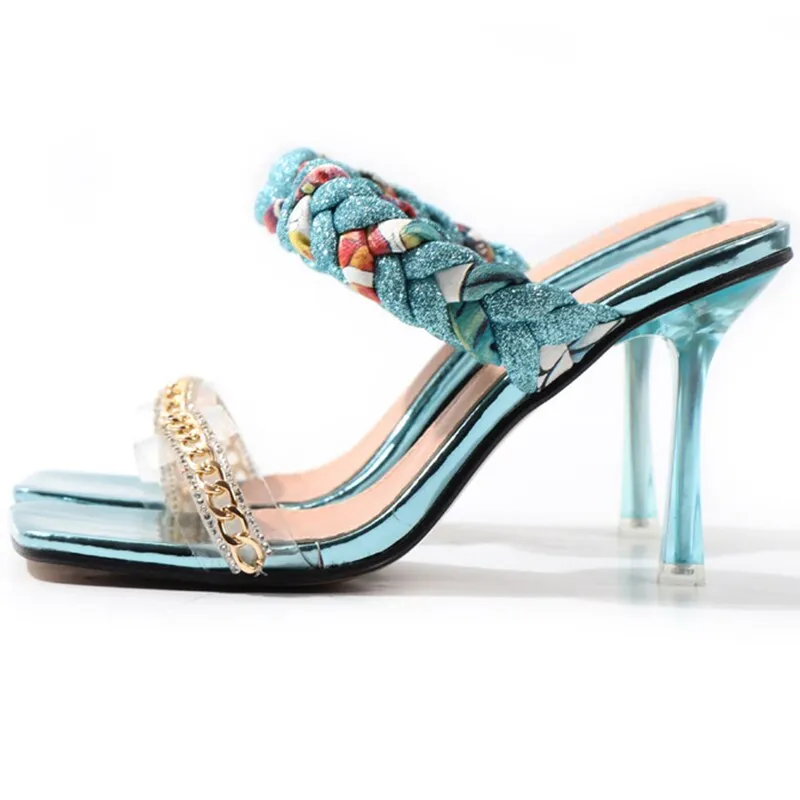 Women Shoes Summer New Fashion Open Toe Modern Roma Ladies Sandals Heels Electroplated Metal Chain Square Toe Stiletto  hy180