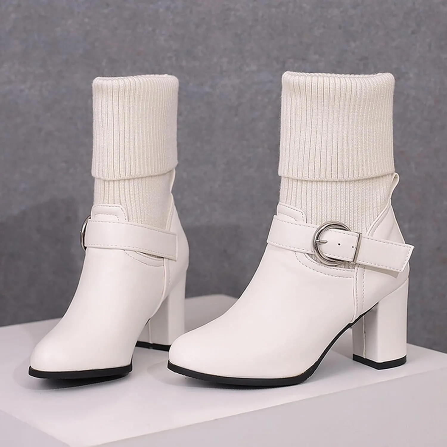 Women's Slip On Ankle Boots Chunky Block Heel Square Toe Splicing Dress Sock Booties Rain Boots Side Zipper Western Chukka