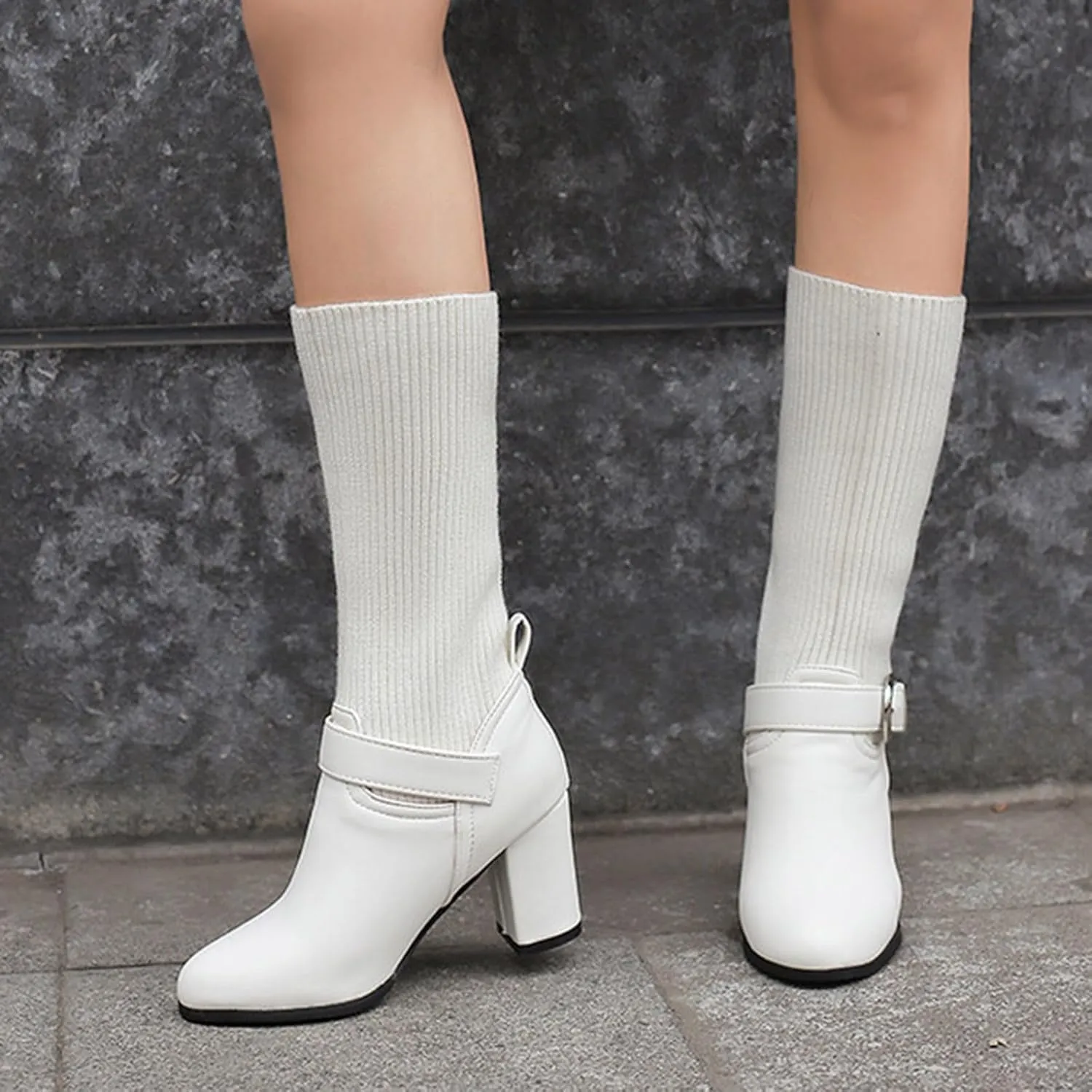 Women's Slip On Ankle Boots Chunky Block Heel Square Toe Splicing Dress Sock Booties Rain Boots Side Zipper Western Chukka