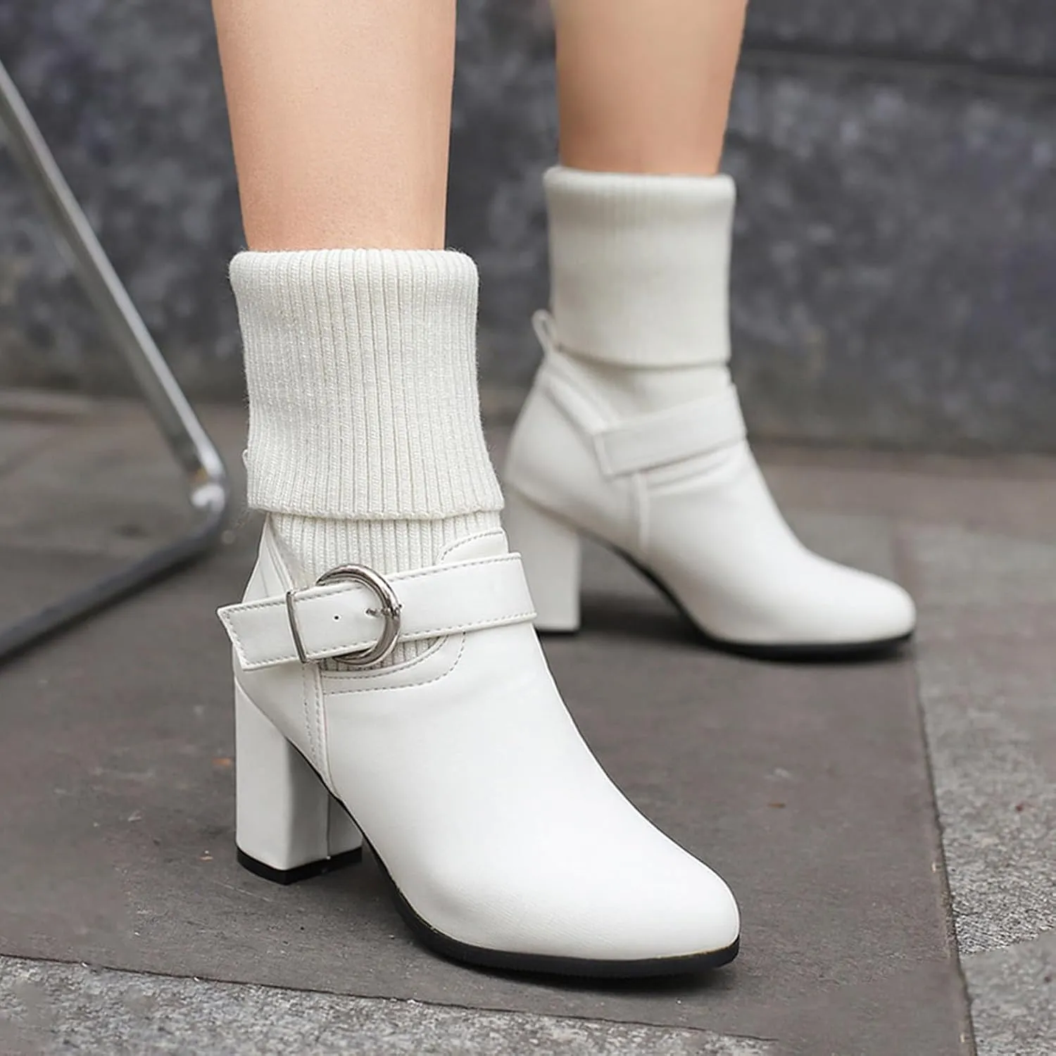 Women's Slip On Ankle Boots Chunky Block Heel Square Toe Splicing Dress Sock Booties Rain Boots Side Zipper Western Chukka